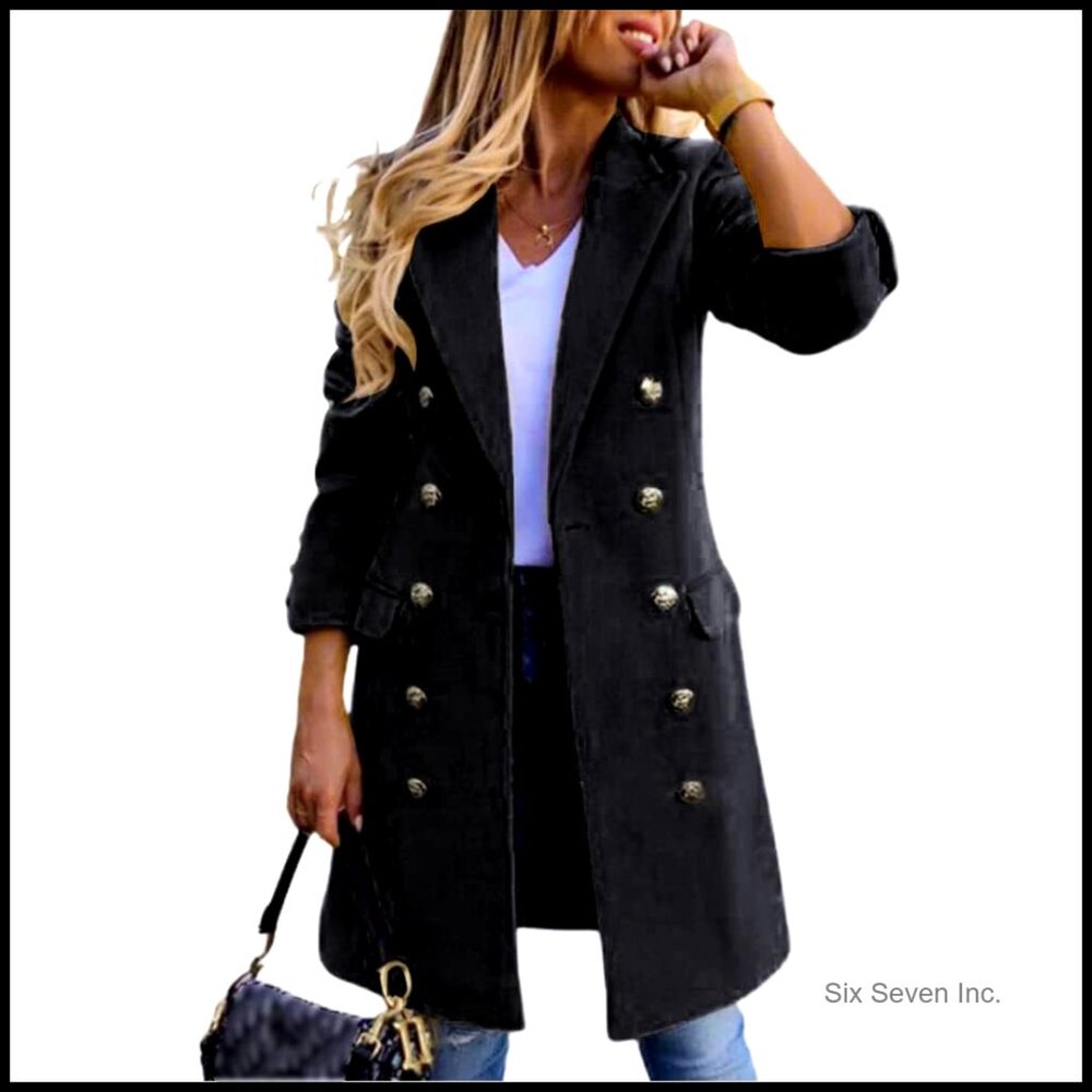 Slim Fit Wool Pea Coat Double Breasted Notched Lapel Midi Length